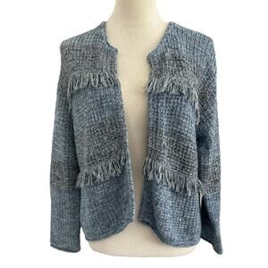 Wrap London Open Front Cardigan Size 8 Blue Fringe Cotton